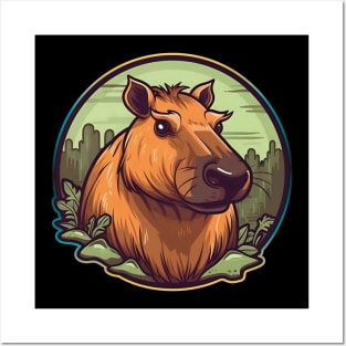 Orange capybara in green pond Posters and Art